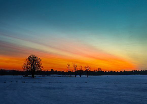 Dawn over snowy field, South Maple St Hadley, 6Dec2013