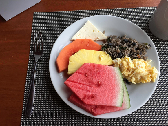 Breakfast:  fresh fruit, rice and beans, scrambled eggs
